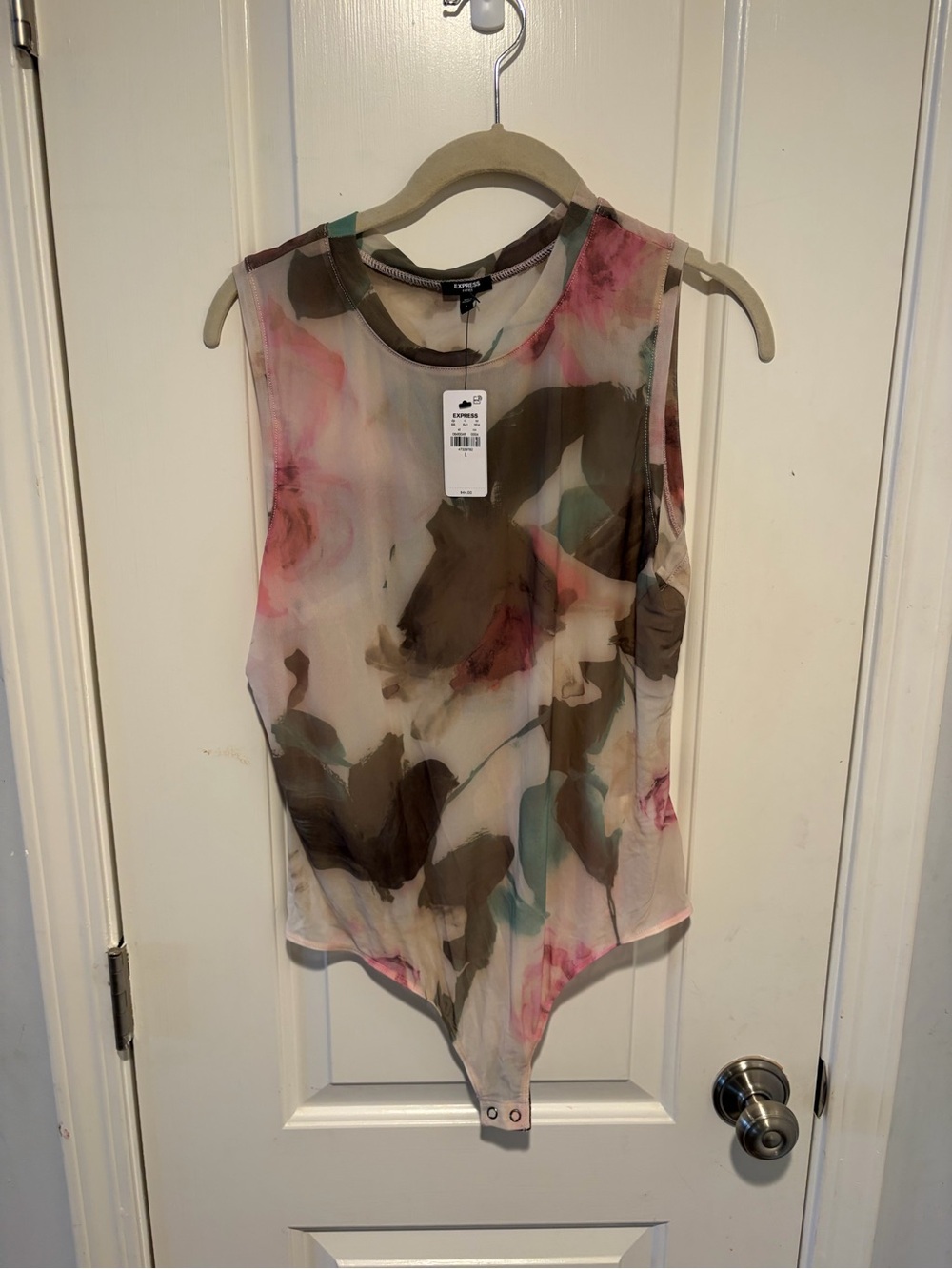 Express Sheer Floral Print Sleeveless Bodysuit in Pink and Brown